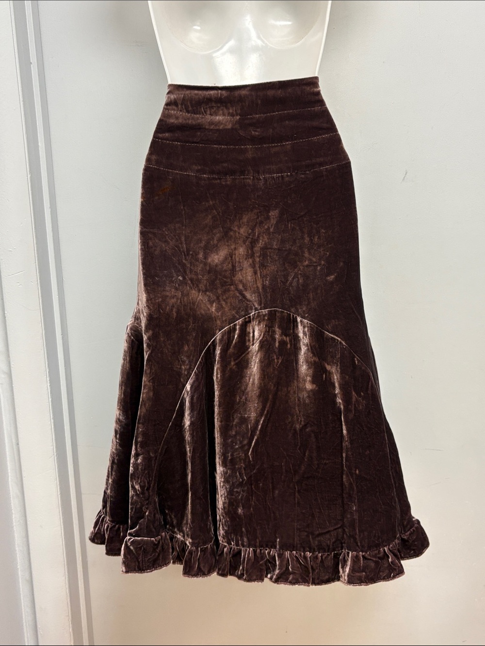 SOLD IN STORE Neely Brown Silk Blend Velvet Ruffle Hem Midi Skirt M - Picture 4 of 10